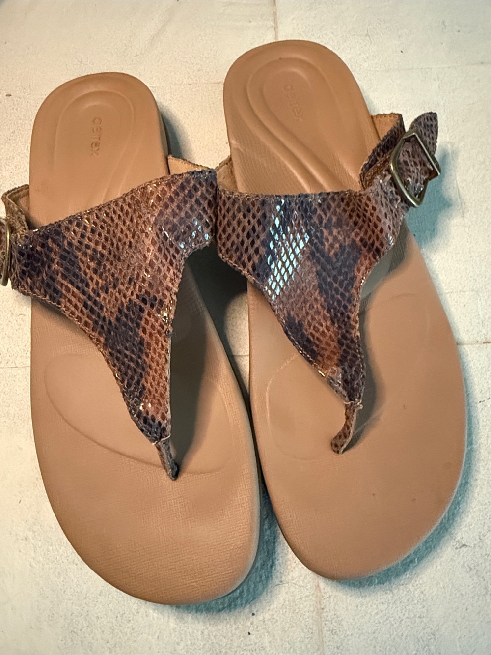 Aetrex Rita Adjustable Thong Sandals Brown Snake Print Orthotic Size 38 US 7.5-8 - Picture 2 of 9